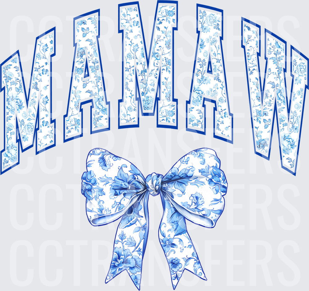 Mamaw Blue Floral Varsity Letters with Bow (DTF)