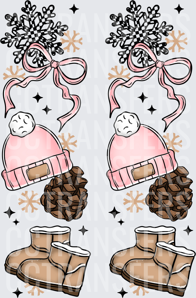 Pink Winter Beanie Snowflake Pinecone Cozy Boot Stack (DTF)