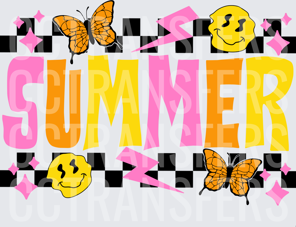 Summer Retro Checkered Butterflies Melty Smiley Lightning (DTF)