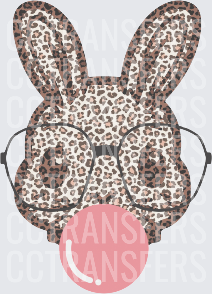 Leopard Print Bunny with Glasses Blowing Bubblegum (DTF)