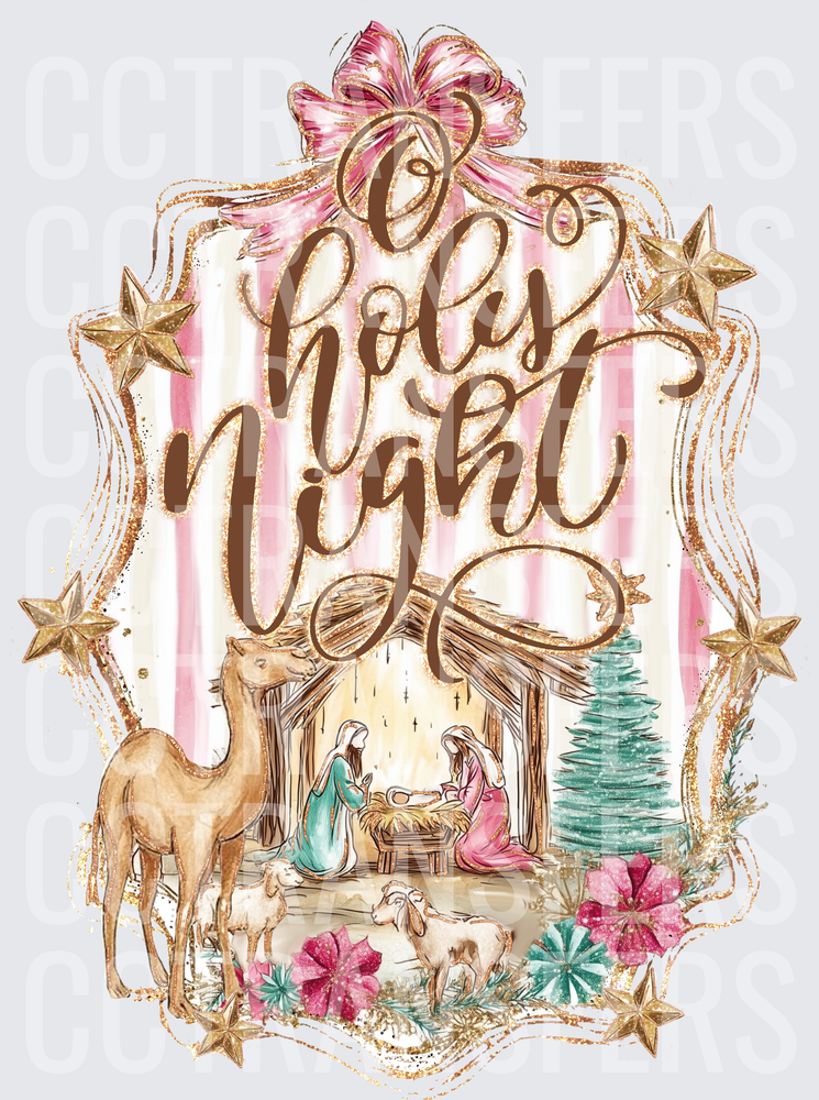 O Holy Night Nativity Scene Gold Star Frame Pink Bow (DTF)