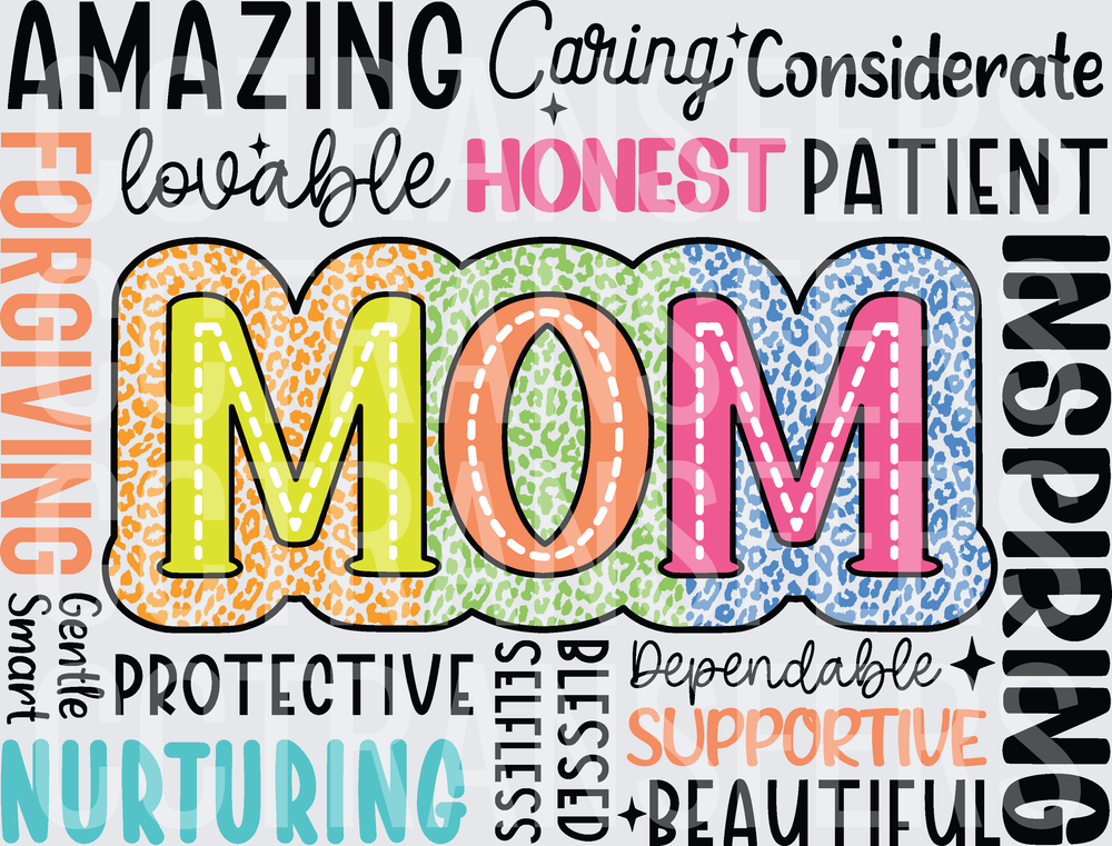 Colorful Leopard Print MOM Word Cloud Typography (DTF)