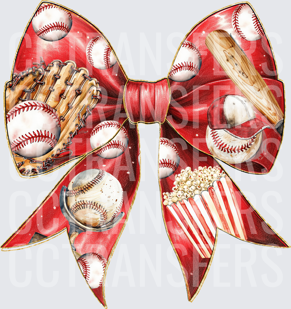 Red Satin Baseball Bow with Glove Bat Cap Popcorn (DTF)
