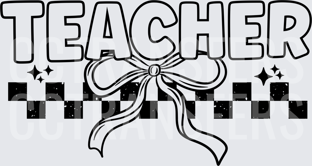 Teacher Bold Lettering Coquette Bow Checkered Sparkle (DTF)