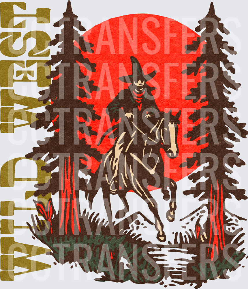 Wild West Cowboy Riding Horse Red Sun Pine Trees (DTF)