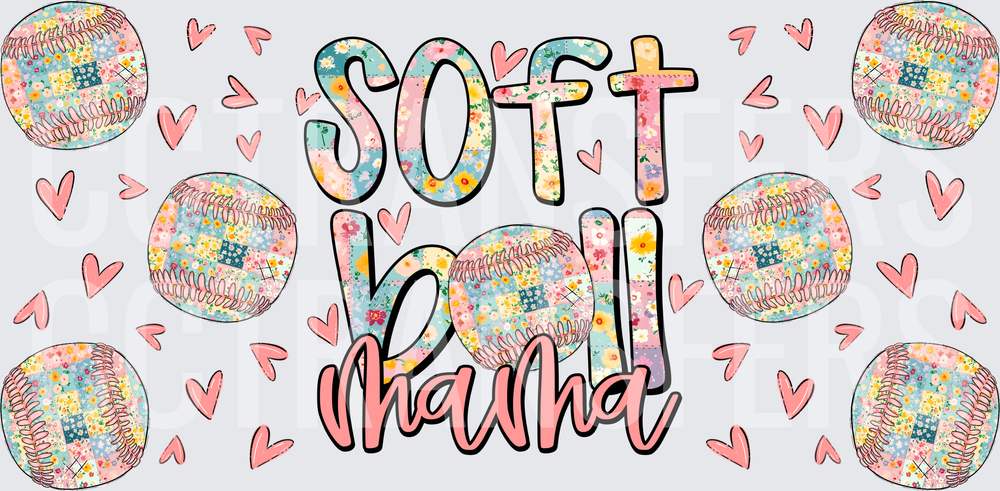 Softball Mama Floral Patchwork Hearts Design (DTF)