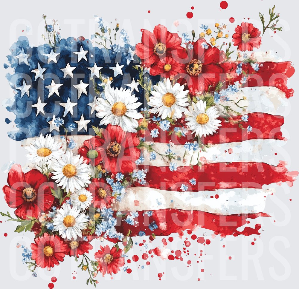 Watercolor Floral American Flag with Daisies and Poppies (DTF)