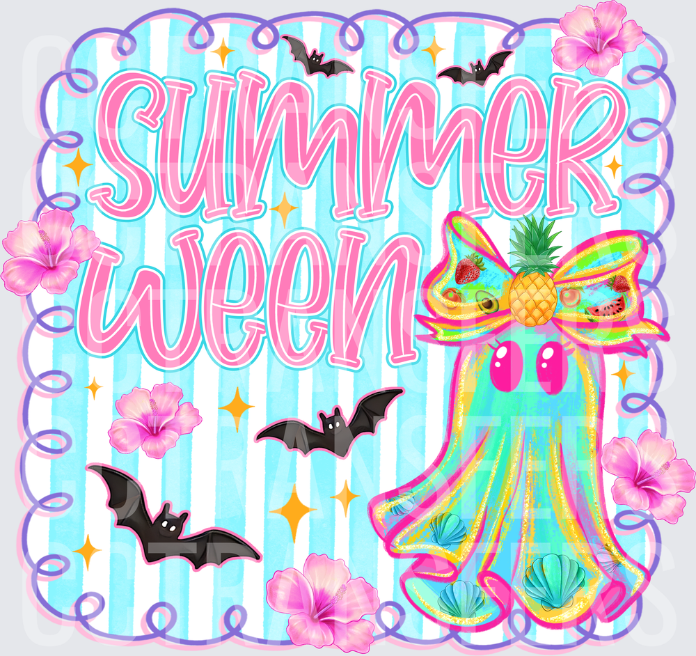 Summerween Tropical Ghost with Bats and Hibiscus Flowers (DTF)