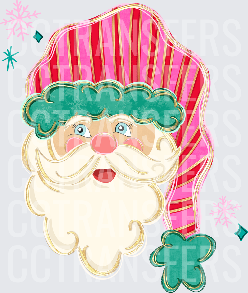 Retro Pink Striped Santa Face Teal Snowflakes Gold (DTF)