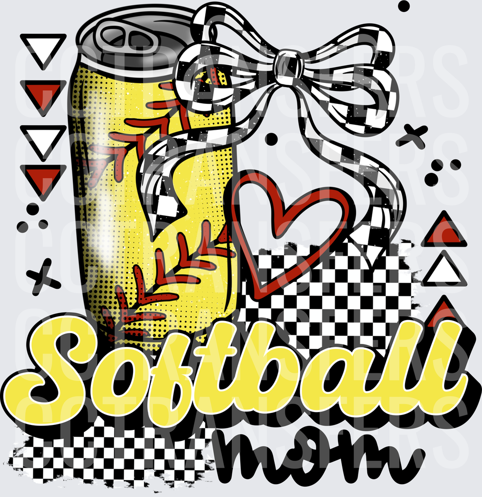 Softball Mom Soda Can Checkered Bow Heart Design (DTF)
