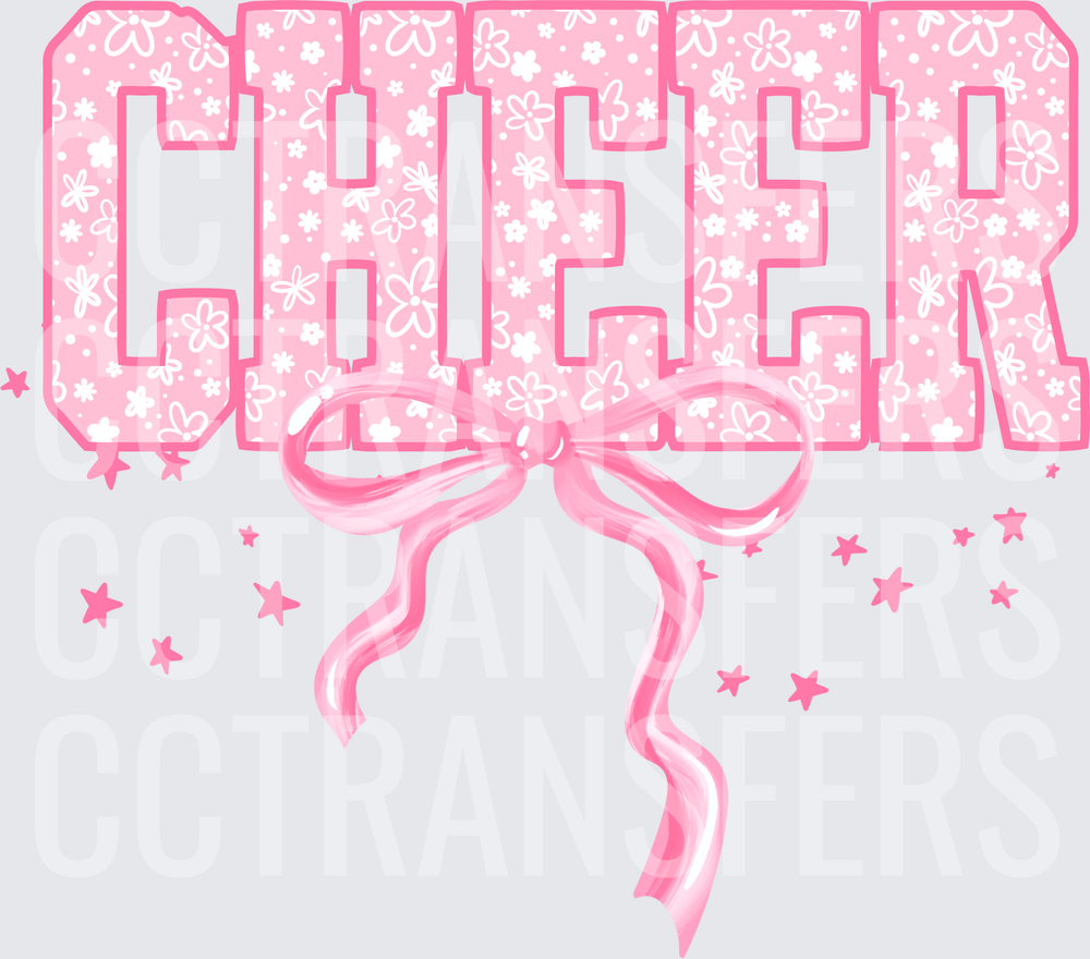 Pink Floral CHEER Bold Letters with Ribbon Bow and Stars (DTF)