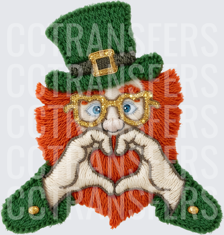 Embroidered Leprechaun Gold Glasses Heart Hands St. Patrick's (DTF)