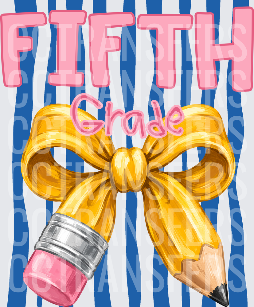 Fifth Grade Gold Bow Pencil Blue Stripe (DTF)