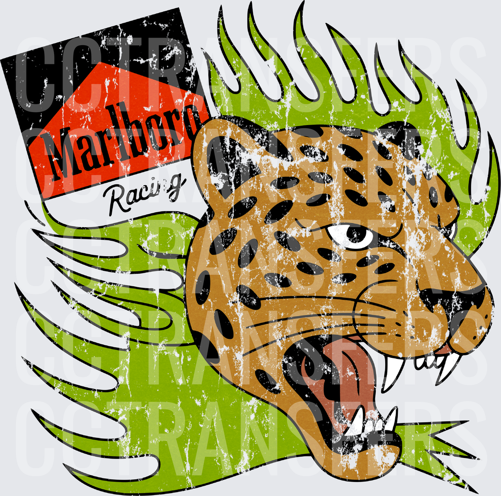 Vintage Racing Roaring Leopard Green Flames Grunge (DTF)