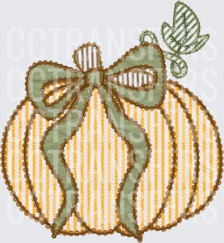 Seersucker Striped Pumpkin with Green Bow and Leaf (DTF)
