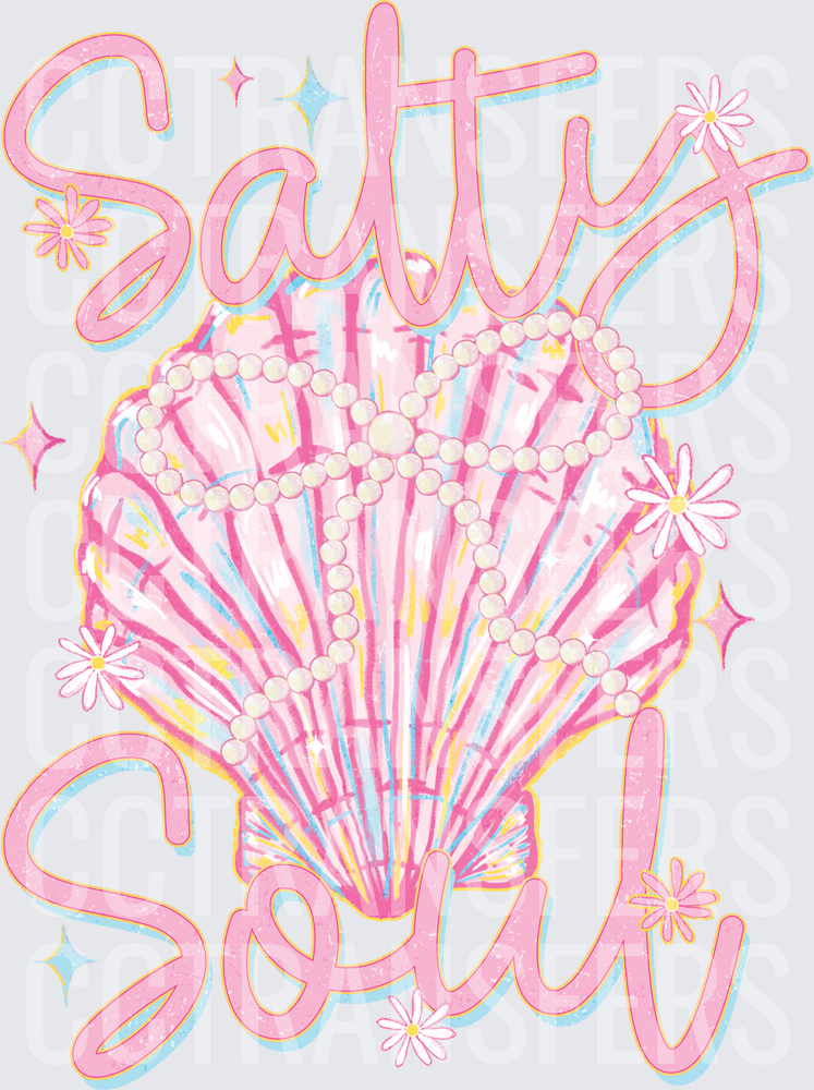 Salty Soul Pearl Seashell with Daisies and Sparkles (DTF)