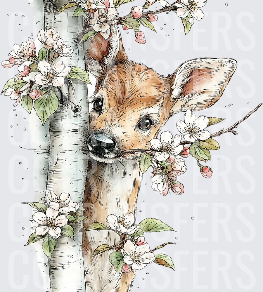 Curious Fawn Peeking Around Birch Tree Spring Blossoms (DTF)