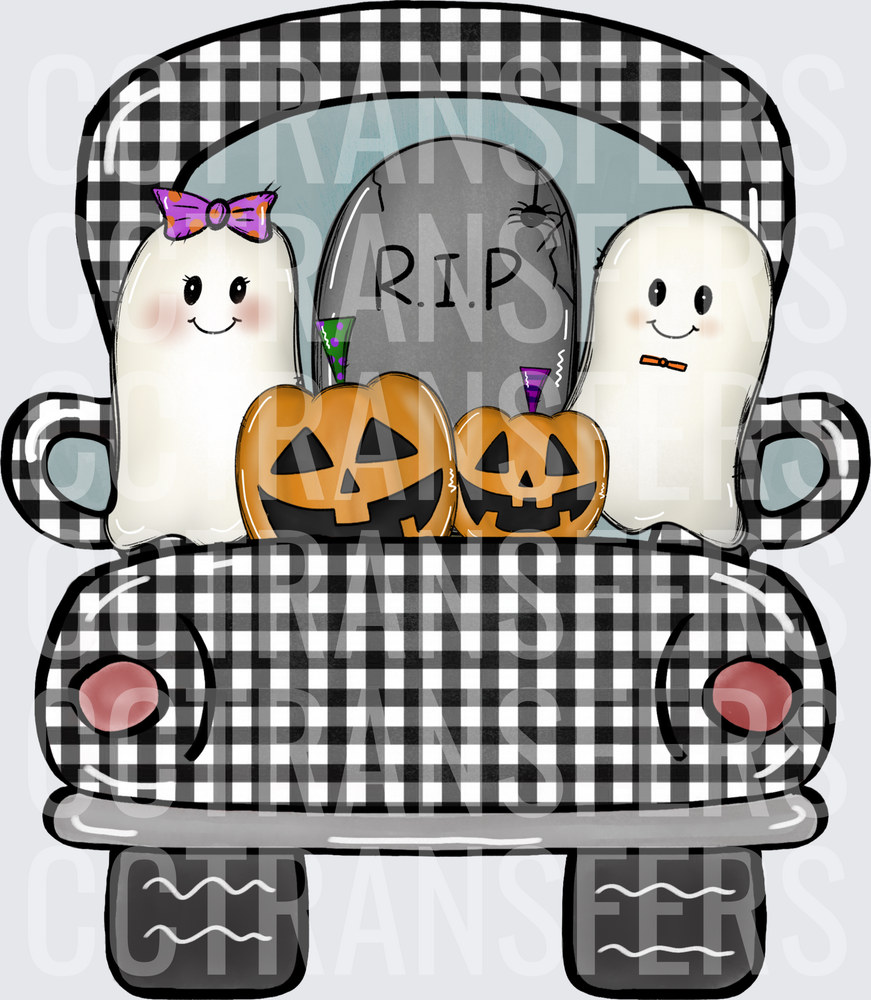 Cute Ghosts Jack-O-Lanterns RIP Tombstone Plaid Truck (DTF)