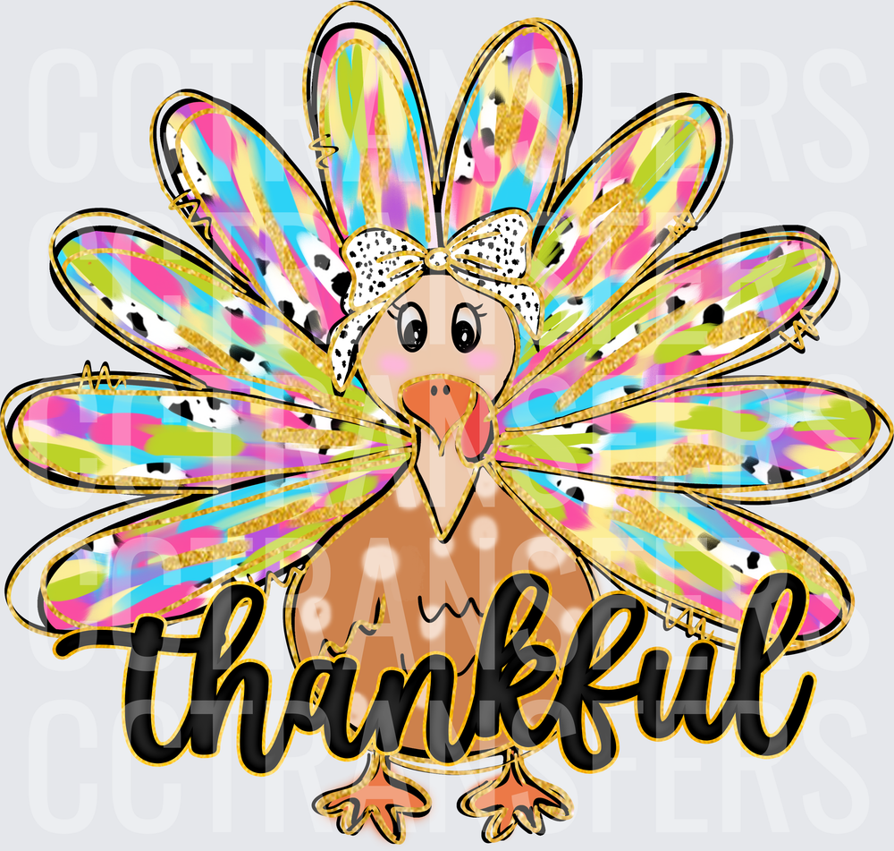 Thankful Colorful Turkey Girl Dalmatian Bow DTF