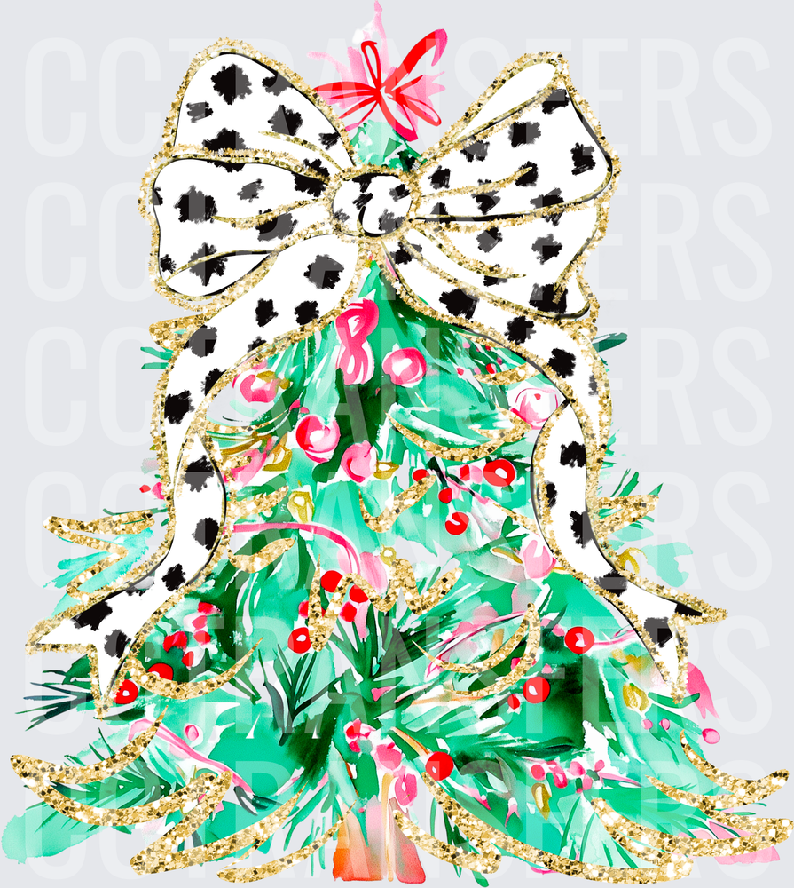 Glam Watercolor Christmas Tree Gold Glitter Dalmatian Bow (DTF)