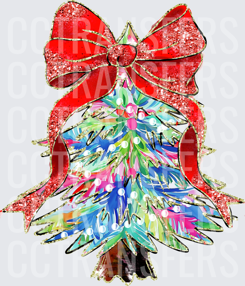 Colorful Glitter Christmas Tree with Red Bow (DTF)