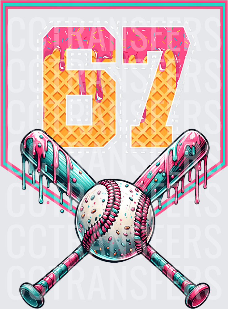 Ice Cream Drip Number 67 Crossed Baseball Bats (DTF)