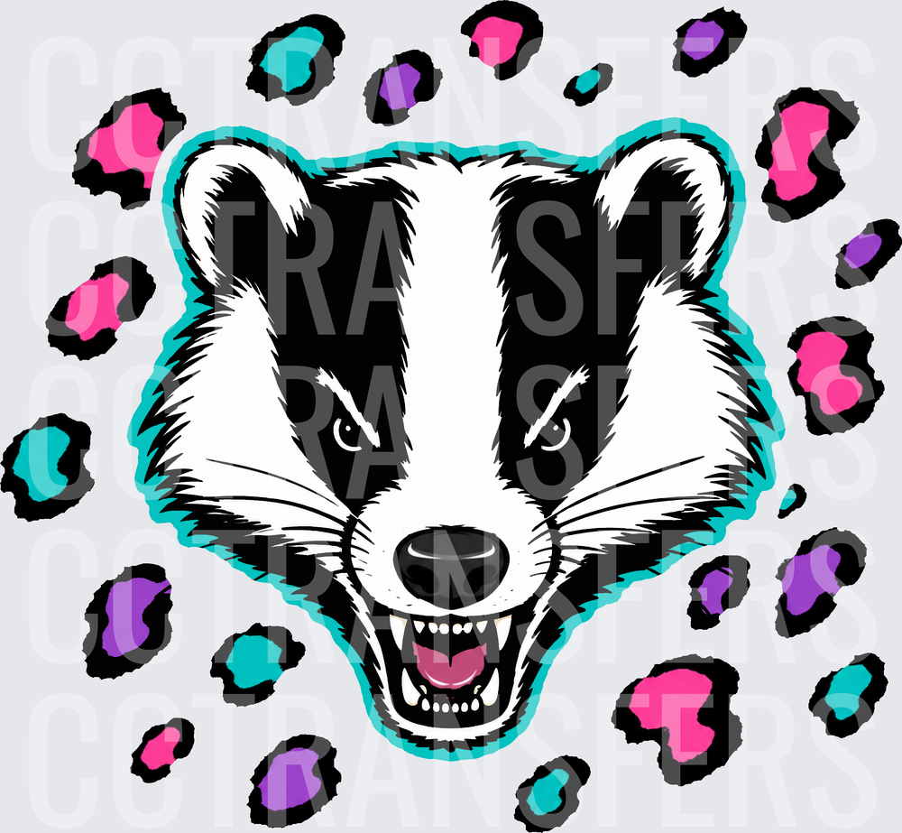 Fierce Badger Face Teal Outline Neon Leopard Spots (DTF)