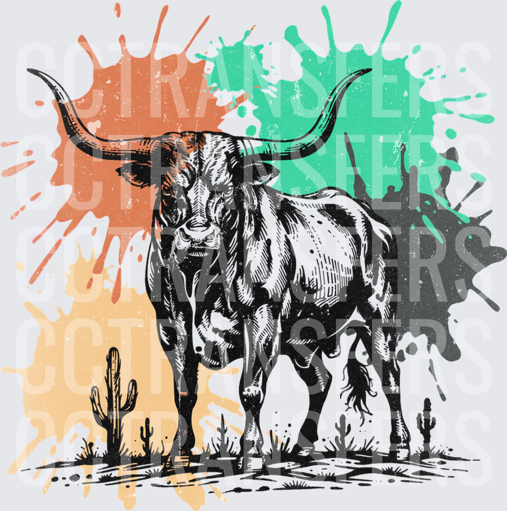 Western Longhorn Bull Desert Cactus Paint Splash (DTF)