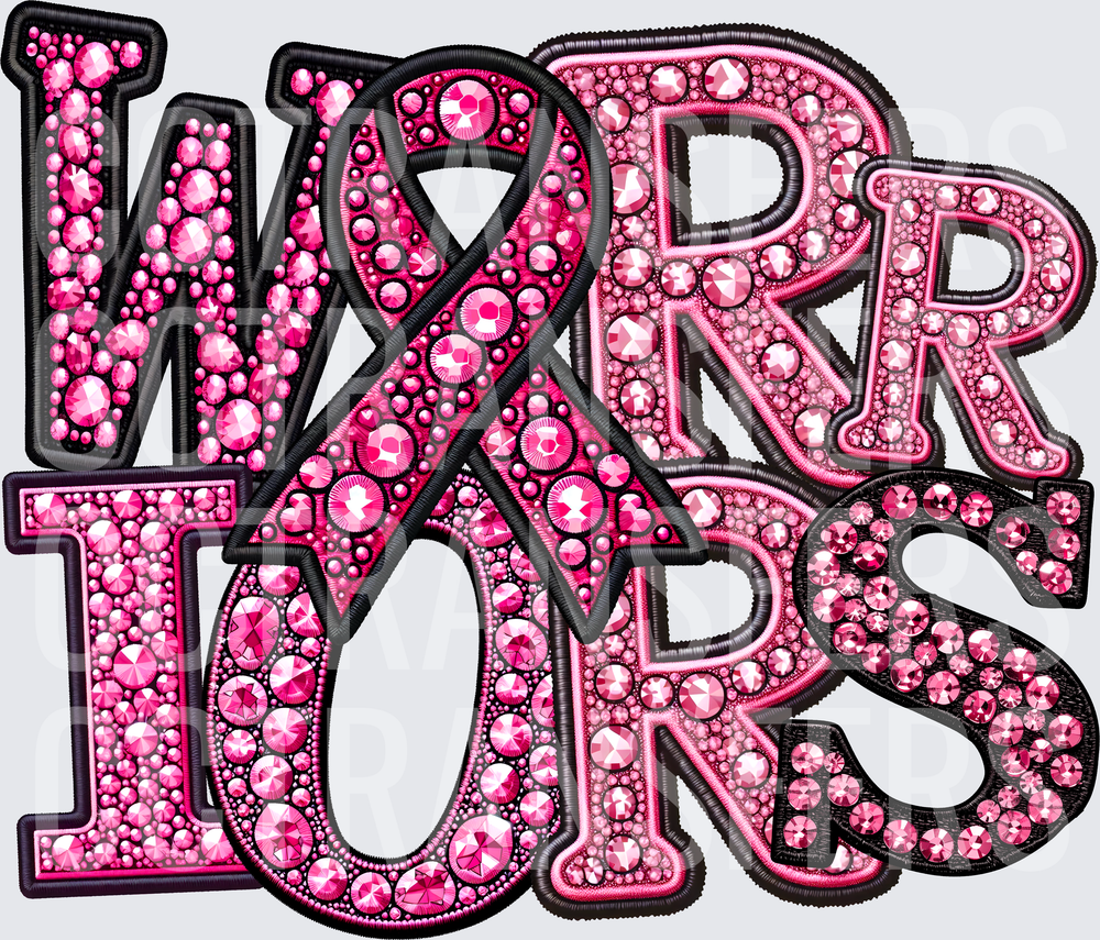 Pink Rhinestone Warriors Breast Cancer Awareness Ribbon (DTF)