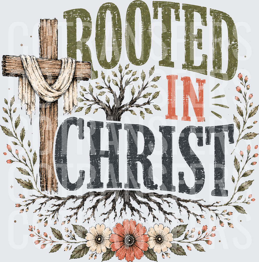 Rooted In Christ Cross Floral Tree Faith Design (DTF)