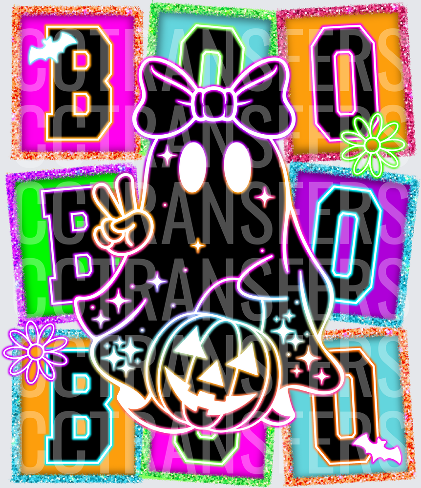 Neon BOO Ghost Bow Peace Sign Jack-O-Lantern Halloween (DTF)