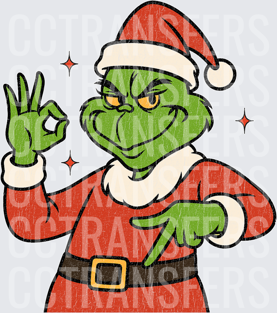 Grinch Santa Suit OK Hand Gesture Sparkles (DTF)