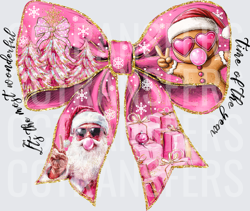It's The Most Wonderful Time Of The Year Pink Bow Christmas Santa Gingerbread (DTF)