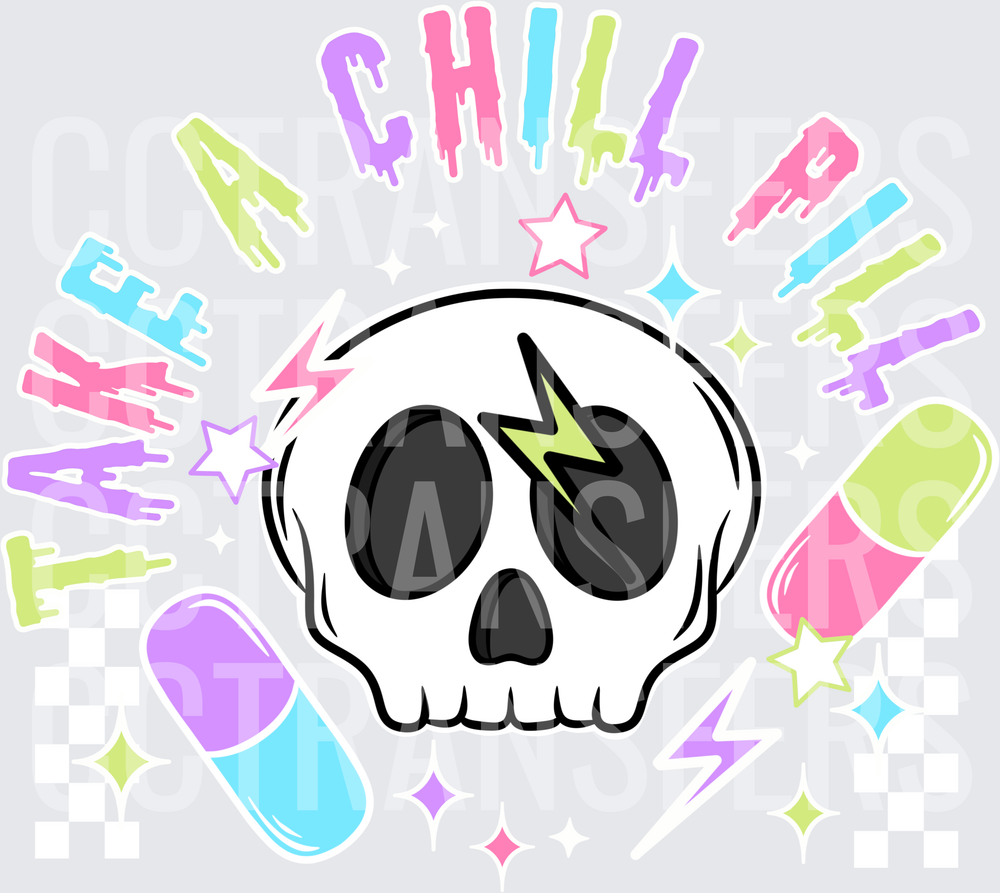 Take A Chill Pill Pastel Skull Lightning Bolt (DTF)