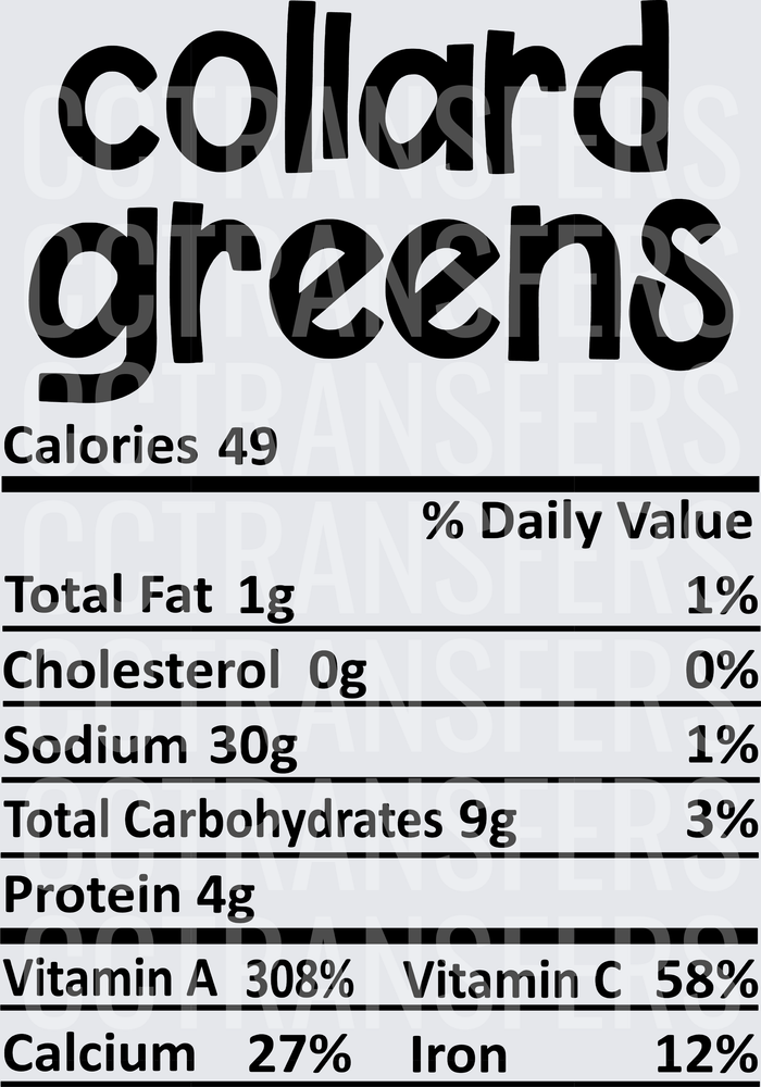 Collard Greens Nutrition Facts Label Design (DTF)