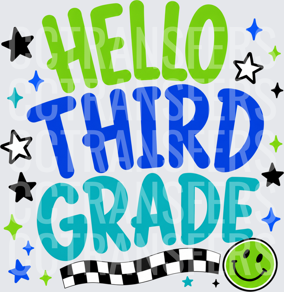 Hello Third Grade Bold Stars Smiley Face (DTF)
