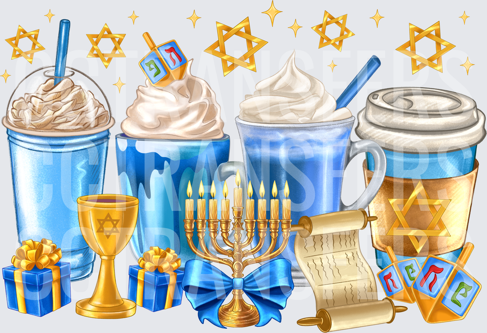 Hanukkah Coffee Drinks Menorah Dreidels Star of David (DTF)