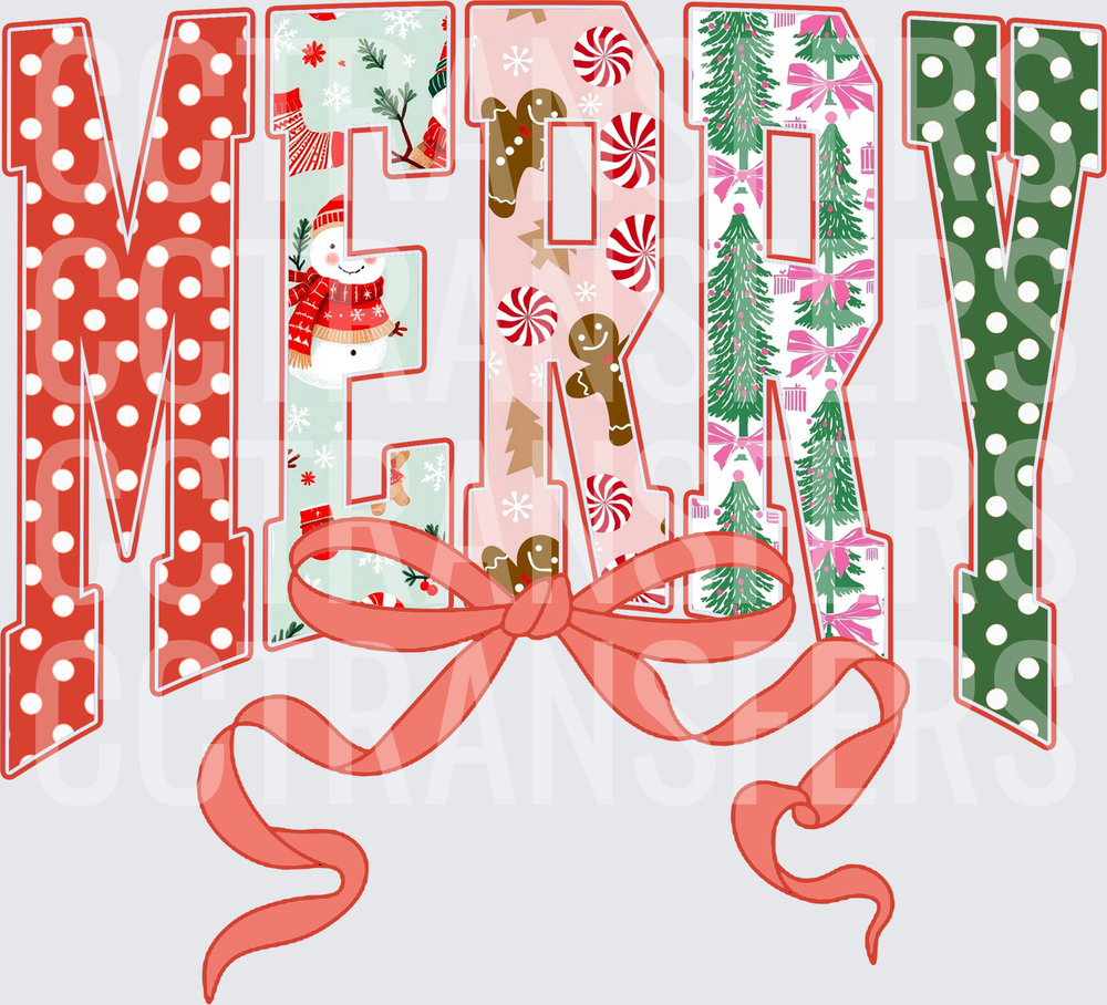 Merry Patchwork Polka Dot Letters with Bow (DTF)