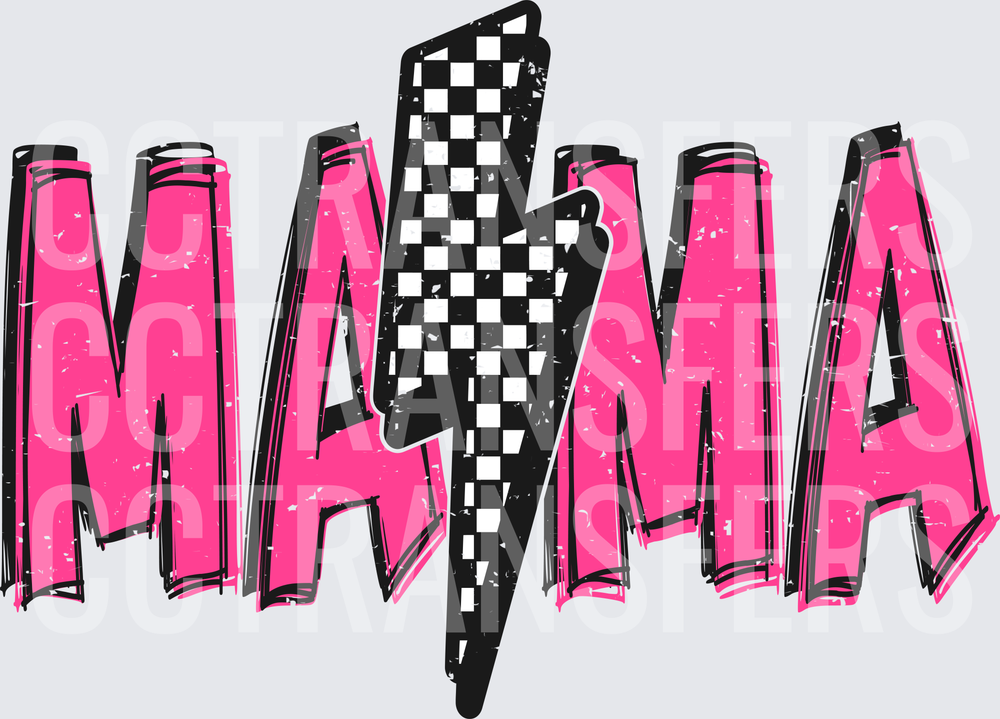 Mama Pink Bold Grunge Text Checkered Lightning Bolt (DTF)