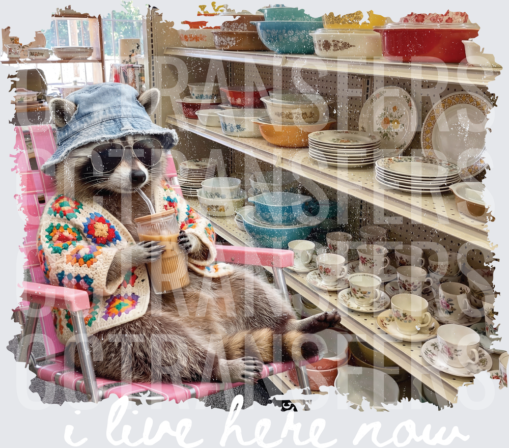Thrift Shop Raccoon Denim Hat Sunglasses Iced Coffee (DTF)