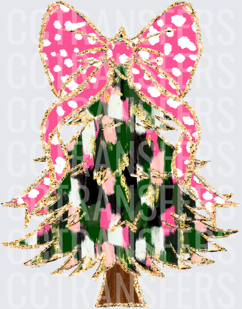 Pink Spotted Bow Gold Glitter Christmas Tree (DTF)