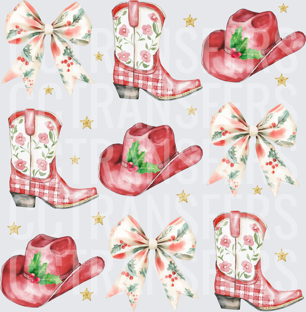 Christmas Cowgirl Boots Hats Holly Bows Stars Pattern (DTF)