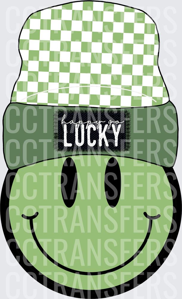Happy Go Lucky Green Smiley Face Checkered Beanie (DTF)
