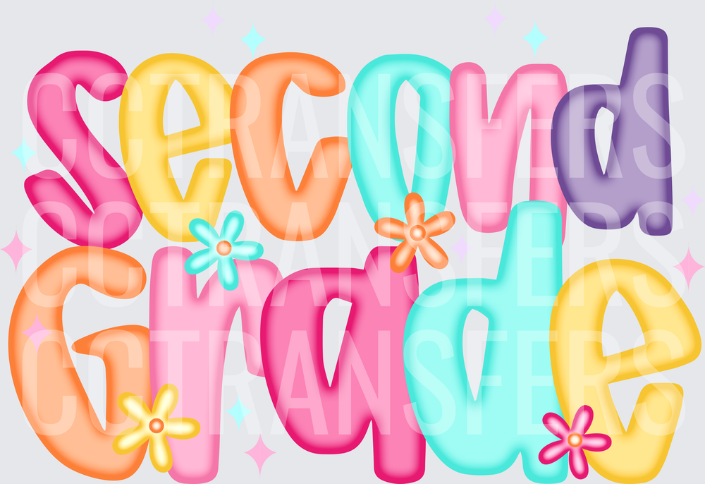 Colorful Retro Bubble Letter Second Grade Floral (DTF)
