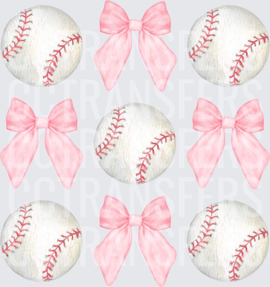 Watercolor Baseballs and Pink Bows Pattern (DTF)
