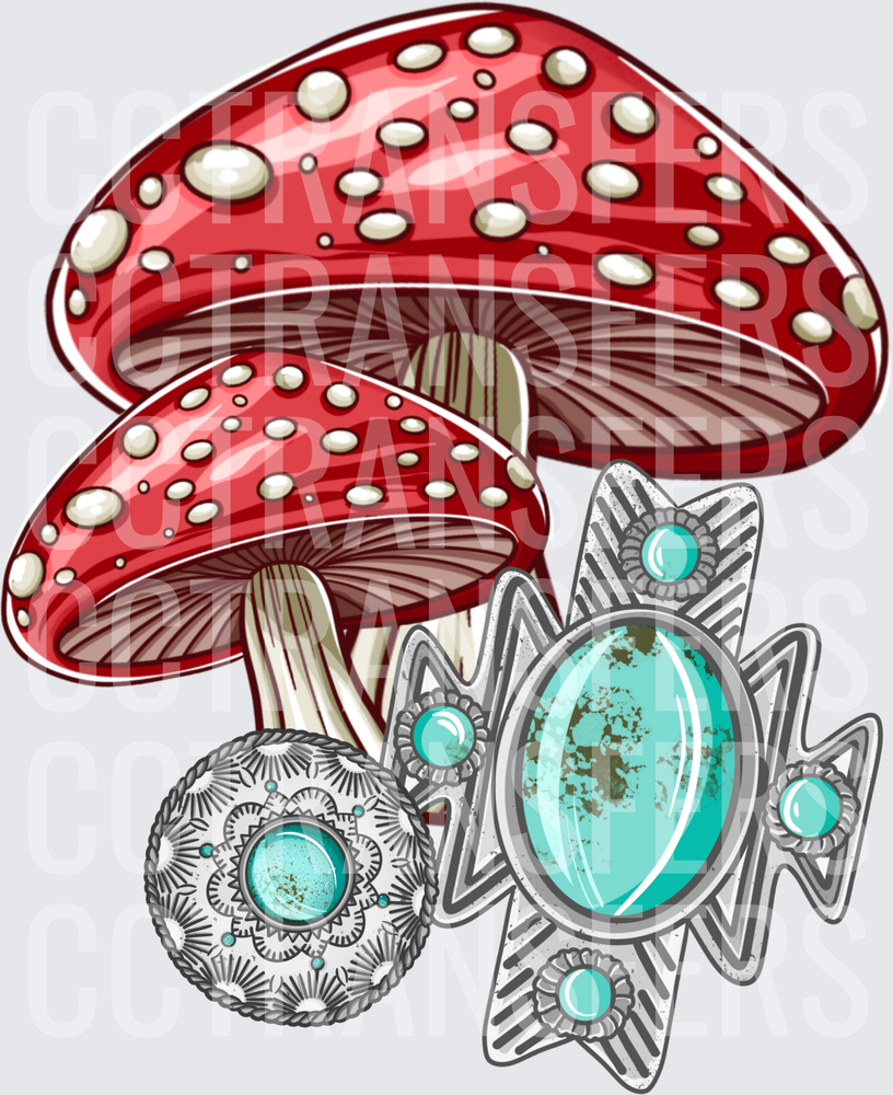 Red Spotted Mushrooms with Turquoise Silver Jewelry (DTF)