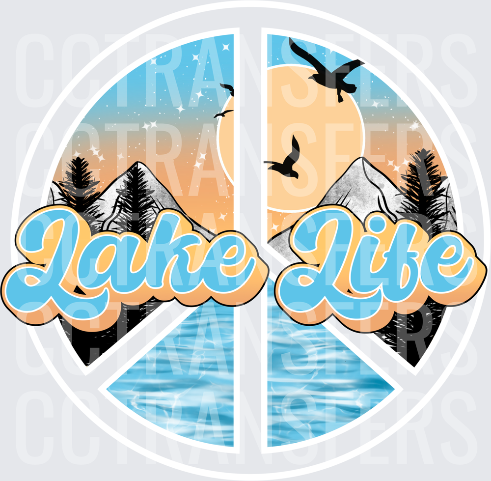 Lake Life Peace Sign Mountains Birds Sunset (DTF)