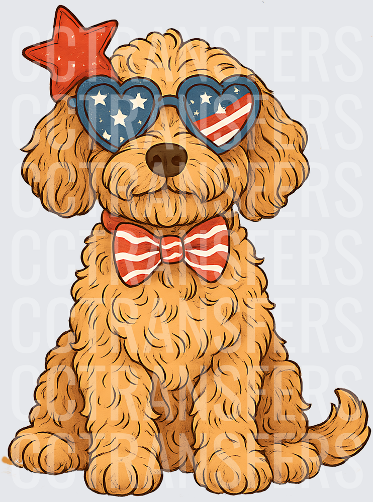 Patriotic Curly Dog Heart Sunglasses Stars Stripes Bow (DTF)