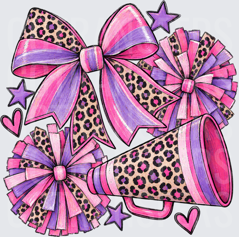 Pink Purple Leopard Cheer Bows Pom Poms Megaphone (DTF)