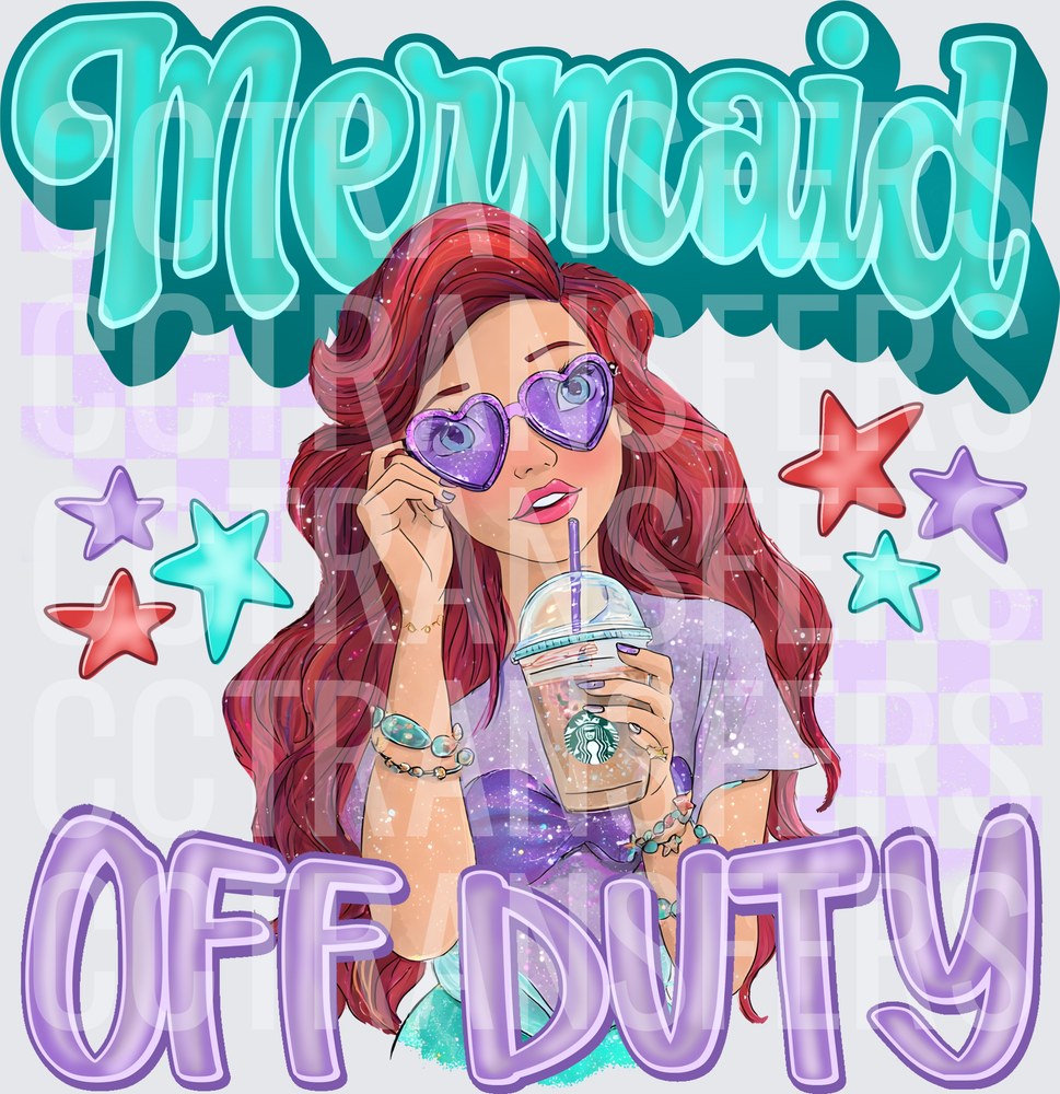 Mermaid Off Duty Red Hair Girl Iced Coffee Stars (DTF)